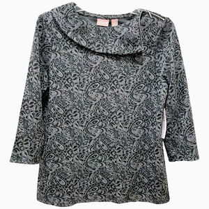 Chico's Women Size 0 Small Paisley Sparkle Lurex Top Zip Envelope Neck Black NWT